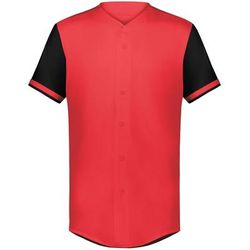 Augusta Sportswear 6910 Athletic Youth Cutter+ Full Button Baseball Jersey T-Shirt in Scarlet/Black size Medium | Polyester/Spandex Blend