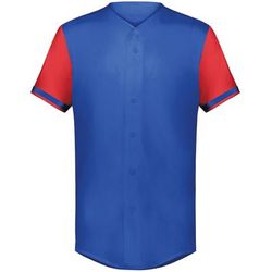 Augusta Sportswear 6910 Athletic Youth Cutter+ Full Button Baseball Jersey T-Shirt in Royal/Scarlet size XL | Polyester/Spandex Blend