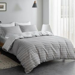 TEMU Double Duvet Set - Premium Microfibre Reversible Duvet Cover Sets - Bedding Double Bed Set - Grey Stripes Double Bedding Polyester Quilt Set (double (200 X 200 Cm)+2 Pillow Cases)