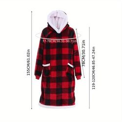 TEMU Fashion Red Cozy Long Oversized Flannel Hoodie Blanket With Pocket - Wearable Winter Sweatshirt For , Soft