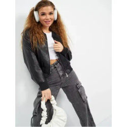 2025 Women's PU Black Zippered Long Sleeve O-Neck Casual Motorcycle Jacket Chic round Neck Tops