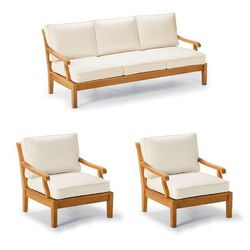 Cassara 3-pc. Sofa Set with Two Lounge Chairs in Natural Teak - Sunbrella Rain, Rain Cobalt - Frontgate