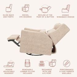 Babyletto Kiwi Plus Electric Recliner Swivel Glider w/ Adjustable Headrest + USB Port - Chai Shearli