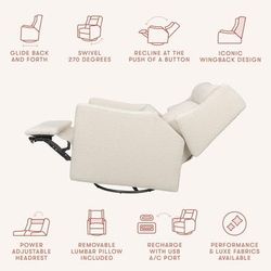 Babyletto Kiwi Plus Electric Recliner Swivel Glider w/ Adjustable Headrest + USB Port - Performance