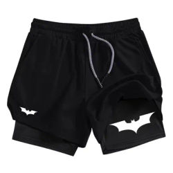 Bat Print 2 in 1 Performance Shorts for Men Athletic Breathable Quick Dry Shorts with Phone Pocket Gym Workout Running RL0007