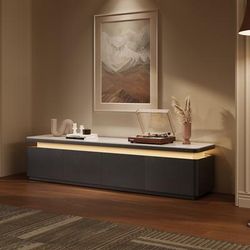 71" Modern TV Stand with Adjustable LED Lights, TV Console with White Glossy Sintered Stone Tabletop, Drop-Down Doors & Drawers, Open Storage for Living Room, Perfect for 65 Inch TVs, Fully Assembled