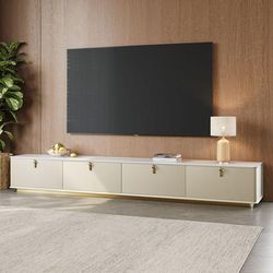 94" Luxury TV Stand with Marble Tabletop, Large TV Console with Storage, Beige TV Cabinet, Perfect for 85-Inch TVs