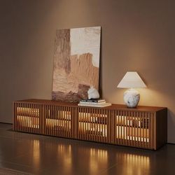 79" Mid Century TV Stand with Adjustable LED Lights, Credenza TV Stand with Storage, Walnut Color TV Stand for Living Room, Perfect for 75-Inch TVs