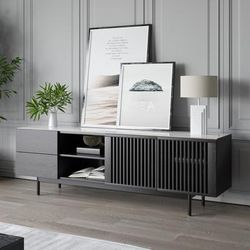 70.87"Mid-Century Modern Black TV Stand with Glossy Sintered Stone Tabletop, Louvered Black Entertainment Center with Slatted Doors, Open Storage