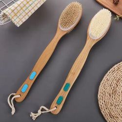 TEMU Dual-sided Natural Wooden Bath Brush With Soft & Stiff Bristles - Long Handle Body Scrubber For Shower, Back Exfoliator, And Dry Brushing - Non-slip Silicone Pads & Hanging - Brown