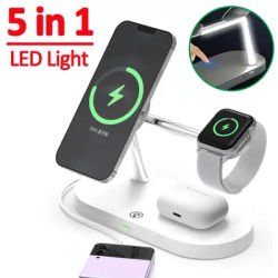 5 in 1 Magnetic Wireless Charger Stand For iPhone Magsafe 16 15 14 13 12 Pro Max Apple Watch 9 8 Airpods LED Light Fast Charging