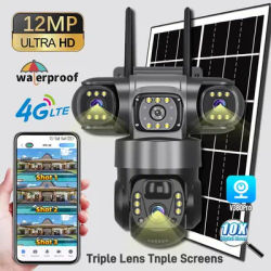 V380 Pro 4G Solar Camera Outdoor 12MP 6K Triple Lens Triple Screen Security Video Monitor Night Vision Waterproof CCTV Camera