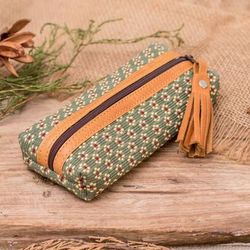 Field Flowers,'Floral Green 100% Cotton Pencil Case with Leather Accents'