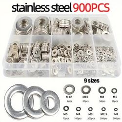TEMU 900pcs, Stainless Steel Washer Plain Washer Kit Screw Fastener Hardware Assortment Accessories M2/m2.5/m3/m4/m5/m6/m8/m10/m12