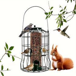 TEMU 1pc Bird Feeders For Outside, Metal Hanging Tube Bird Feeder With 4 Feeding Ports, Outdoor Hanging Decor, Easy To , Caged Bird Feeder, Suitable For Small And