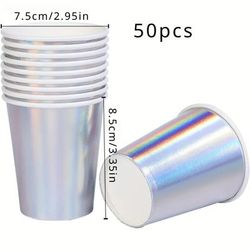 TEMU 50pcs Iridescent Paper Cups Coffee Cups Hot Cold Drinks Tea Milk Juice Chocolate Silvery White Cup Holographic Rainbow Party Decorations Picnic Home Birthday Anniversary Christmas