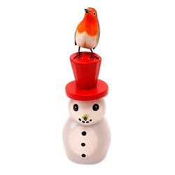 Waiting for Spring,'Suar Wood Bird Statuette with Snowman Motif'
