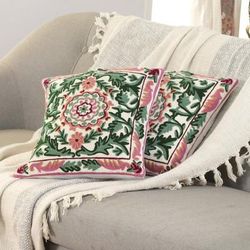 'Baroque-Inspired Green and Pink Cotton Cushion Cover Pair'