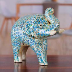 Blue Bloom Trunk,'Blue Papier Mache Elephant Sculpture with Floral Details'