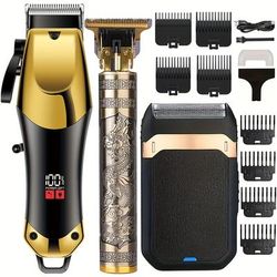 TEMU 3pcs Cordless Hair Clipper Set - Professional Electric Beard Trimmer & Shaver Kit For Men, Usb Rechargeable, 4 Limit Combs, Gifts For Husbands , Valentine's Day Gift