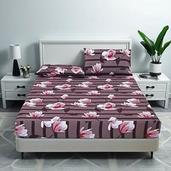 TEMU 3pcs Fitted Sheet Set High-quality Brushed Light Beige-friendly Plant Lily Geometric Hotel Supplies 1pc Fitted Sheet + 2pcs Pillowcases