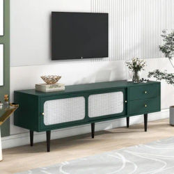 Meuble TV moderne 160 x 40 x 60 cm, portes coulissantes en rotin et 2 tiroirs, rangement pour salon, couleur vert + blanc