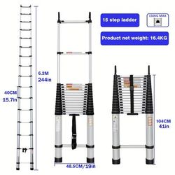 TEMU 1pc Aluminum Telescoping Ladder, 20.3ft Collapsible With Locking Mechanism & Detachable Hooks, Heavy Duty 330lbs , Compact Extension Ladder For Household & Outdoor Use, Indoor Ladder Foldable