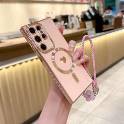 TEMU Mobile Phone Case With Magnetic Solid Heart Electroplating + Short Rope Mobile Phone Bracelet Suitable For For Phones S22 S23 S24 S25u