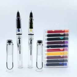 TEMU 2 Transparent Refillable Ballpoint Pens, Featuring Ink Absorption, Replaceable Ink Cartridges, Bullet Tip 0.5 Mm Ballpoint Pen Nib, 0.38 Mm Gel Pen + 10 Ink Cartridges