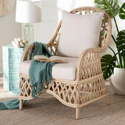 Florence Bohemian Ivory Braided Rattan Arm Chair by Wholesale Interiors INC in Ivory (Size ONE SIZE)