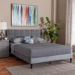 Baxton Studio Payne Modern Glam Grey Velvet and Dark Brown Wood Queen Bed by Baxton Studio in Grey (Size ONE SIZE)