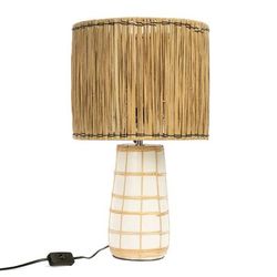 Lampada da tavolo in terracotta e rattan bianco naturale