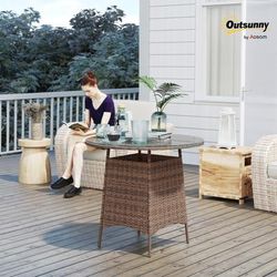 TEMU Wicker Garden Rattan Table, Patio Furniture Outdoor Coffee Table With Umbrella Hole And Tempered Glass Top