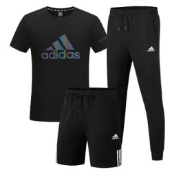 Adidas Sports Suit Men Three-piece Suit Short-Sleeved T-shirt Long Pants and Short Pants Large Printed Logo All Black