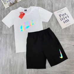 Nike Sports Suit Men Moisture-wicking Pullover Reflective Logo Short Sleeved and Shorts Sports Suit White and Black