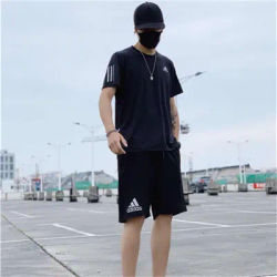 Adidas Exercise Sets Men and Women Summer Quick Drying Elastic Couple Style T-shirts and Shorts Sets Black