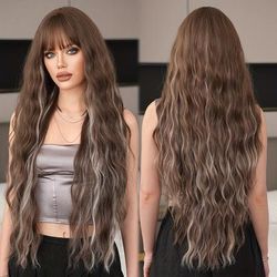 TEMU Elegant Long Water Wave Wig With Bangs For Women - High Density, Heat Resistant Synthetic Hair, & Parties, 35.43 Inches, Hair Wig