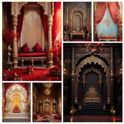 Indian Royal Palace Backdrop Interior Private Audience Hall in Anup Mahal and Maharaja Throne with Gold Carvings Backdrops