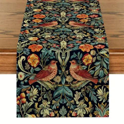 TEMU Vintage Floral & Bird Pattern Table Runner - Holiday Dining, Home Decor, Parties | Polyester, Rectangular