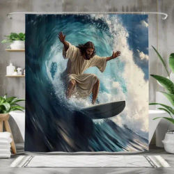 Surfing Jesus Shower Curtain - Spiritual Surf Decor, Ocean Wave Bathroom Curtain, Unique Christian Gift, Multiple Sizes