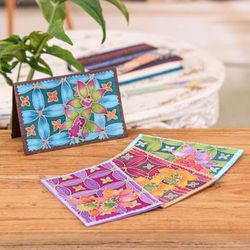 Cattleya Salutations,'4 Batik Cotton and Paper Greeting Cards with Floral Motifs'