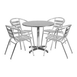 MoTak M188 31 1/2" Round Patio Table w/ 4 Arm Chairs - Smooth Stainless Steel Top, Aluminum Column & Base