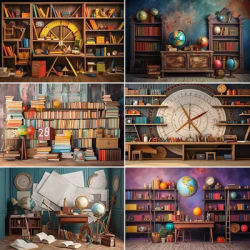 Bookshelf Backdrop Back to School Vintage Wooden Library Study Bookcase Kids Portrait Background for Photography Photo Studio
