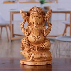 'Traditional Hand-Carved Kadam Wood Sculpture of Ganesha'