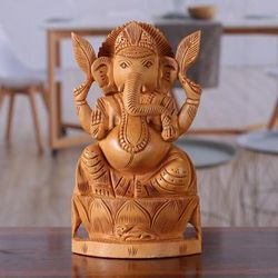 Ganesha and His Meditation,'Traditional Kadam Wood Sculpture of Meditating Ganesha'