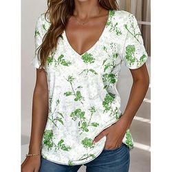 Per donna Maglietta Floreale Grafico Piante Vintage Elegante Classico Manica Corta Scollo a V Top Regolari Quotidiano Stampato Rosso Blu Viola Verde Azzurro Estate Primavera