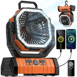 Camping Fan 20000mAh Battery Powered Fan LED Lantern Portable Outdoor Tent Fans with Hanging Hook 4 Speeds Wind Remote Control