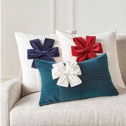 Set of 2 Holiday Bow Velvet Pillow Cover - Crimson, 16" x 36" Extended Lumbar Crimson - Frontgate