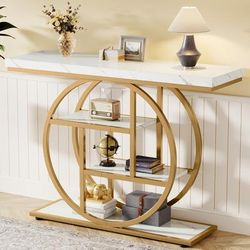 "TEMU 41.3" 4-tier Console Table With Circle Base, Rustic Brown Metal Frame & Wood Top, Narrow Accent Table With Storage Shelves For Living Room, Hallway, Or Foyer"