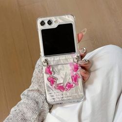 TEMU Pink English Letter Folding Mobile Phone Case With Chain Suitable Z Flip 6 5 4 3